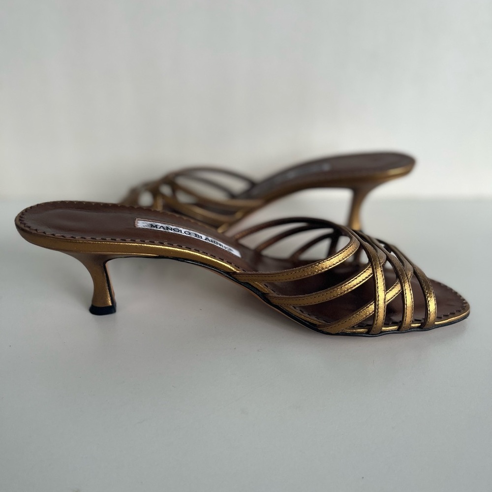 Manolo Blahnik Metallic Gold Strappy Slide Heels - Picture 2 of 6